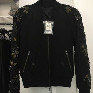 New Jcrew Collection black silk embellished bomber jacket- Sz XS